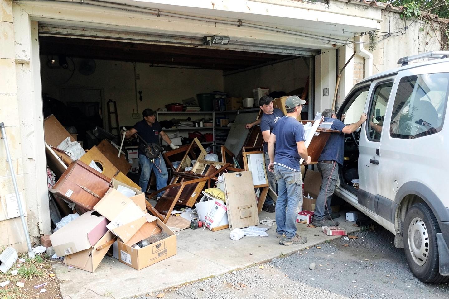 Workers clearing furniture and unwanted items from a domestic garage into a van