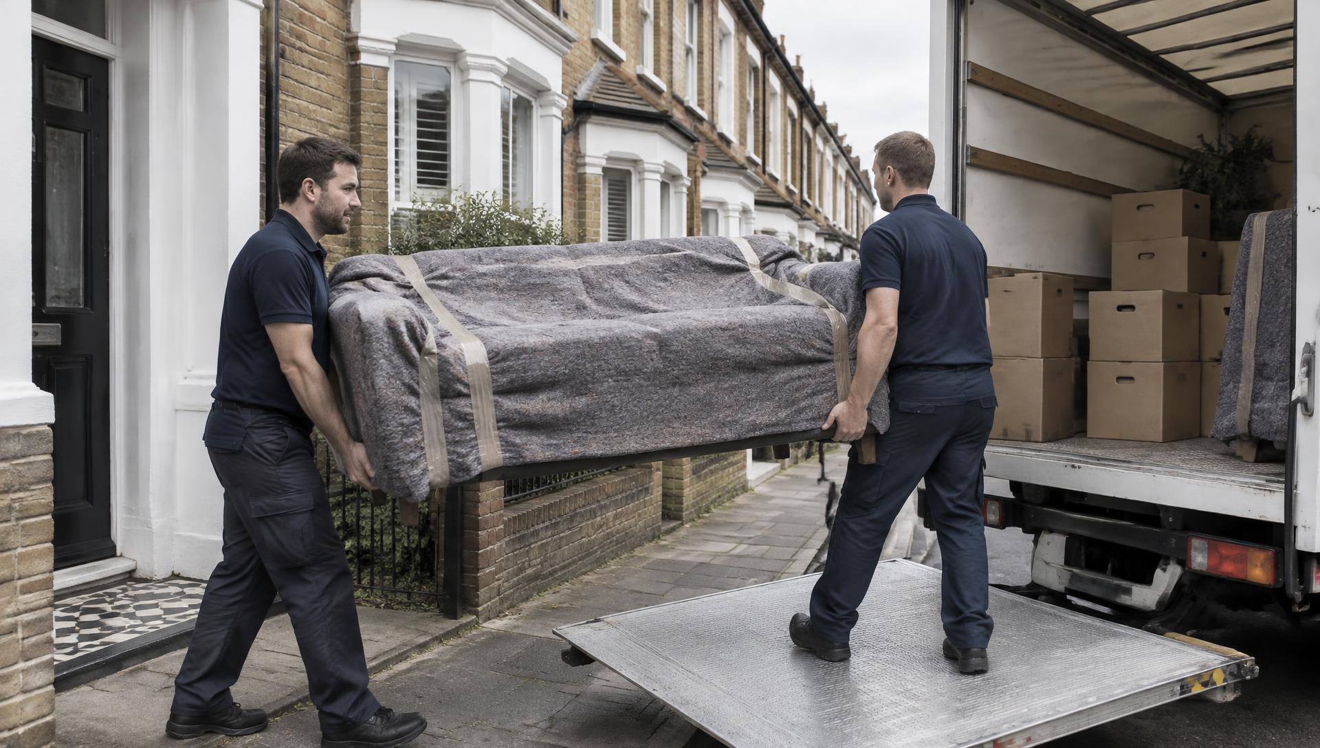Phoenix Removal Services team carrying a protected sofa into a removal van