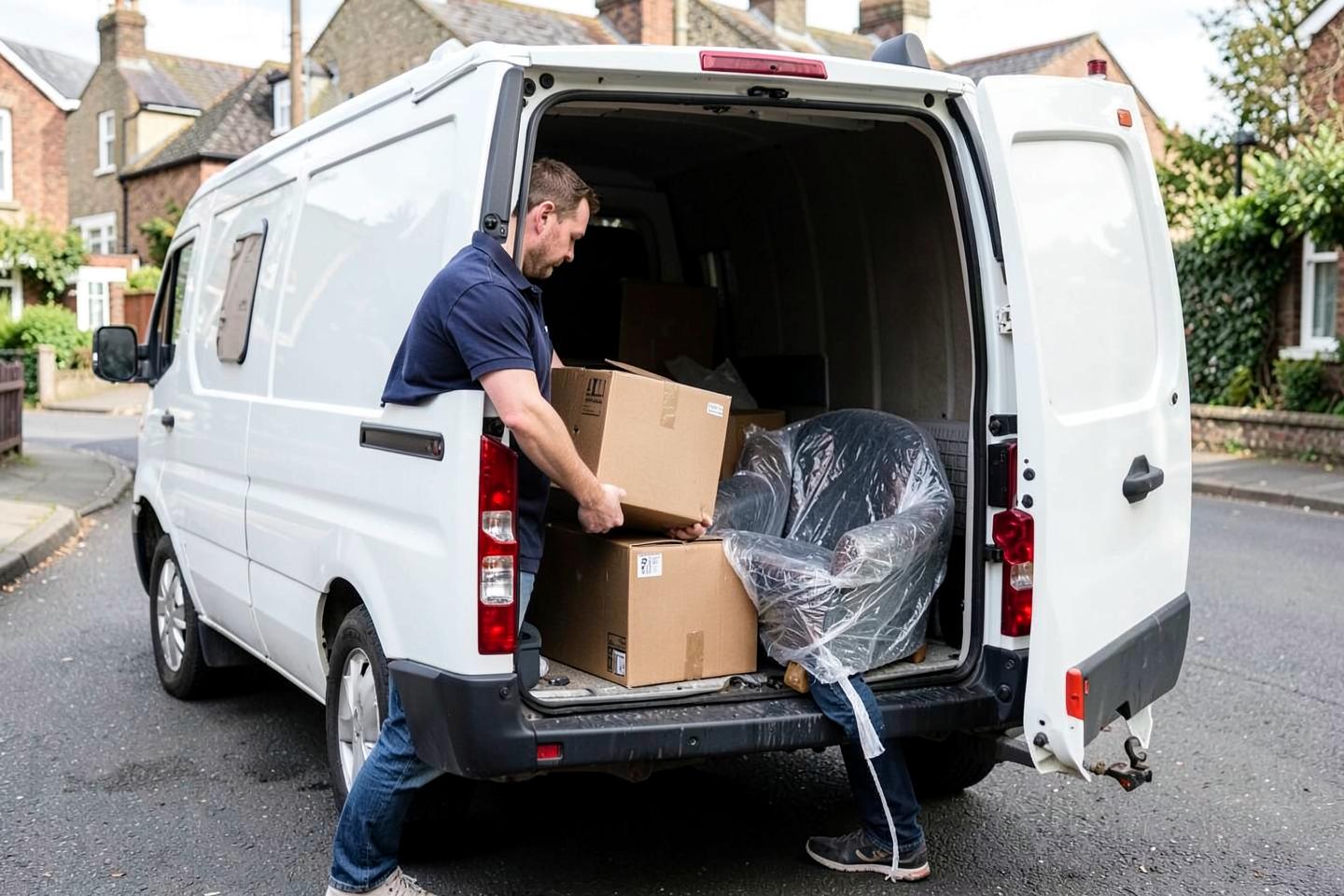 Mover loading boxes and a wrapped armchair into a transit van on a residential street
