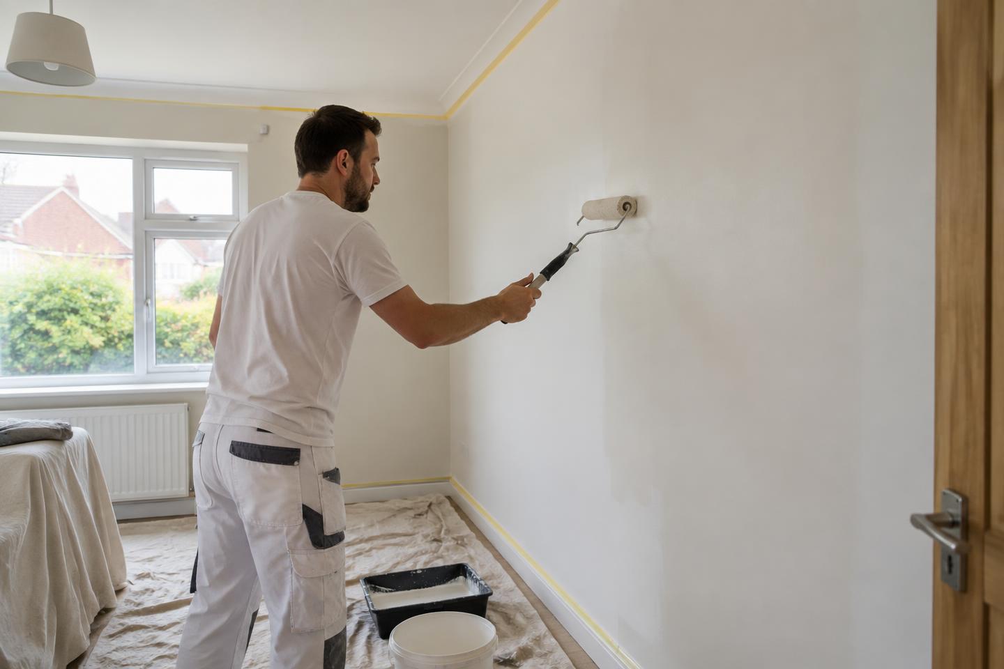 Professional decorator painting an interior wall in a carefully protected room